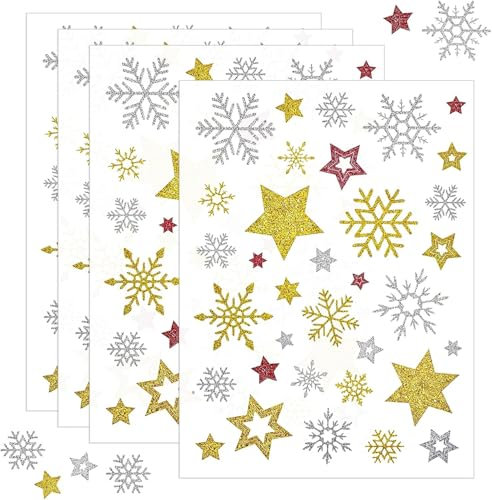 264 Stück Weihnachtssticker Selbstklebend, Glitzer Weihnachten Schneeflocken Sterne Sticker, Geschenketiketten Aufkleber Weihnachten, für Karten Umschläge Geschenktüten Adventskalender Weihnachtsdeko
