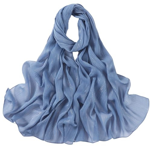 HURESON Women Hijab Chiffon Head Scarf Lightweight Shimmer Scarves Crepe Wedding Shawls and Wraps for Evening Dresses Shiny (Blue 17#)