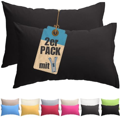 2er Pack Kissenbezug 60x80 cm Schwarz Baumwolle Kissenhüllen | Doppelpack, Reißverschluss verdeckt, waschbar, atmungsaktive Baumwoll-Mischgewebe (85% BW, 15% Poly), Kopfkissenbezug