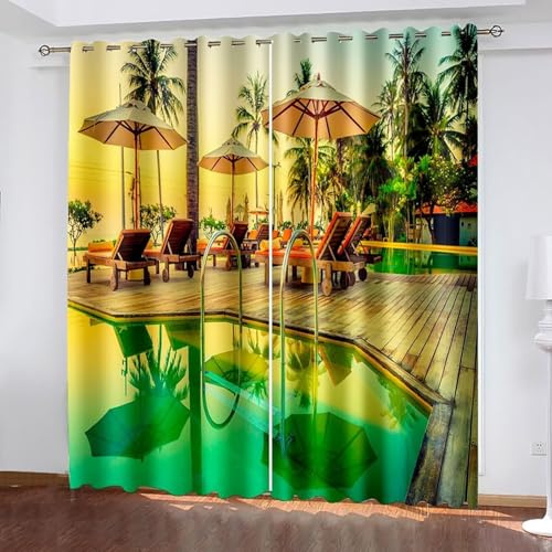AMDXD Opaque Curtain, Swimming Pool Beach Deck Chair Blackout Curtain for Children's Room, W 137 x H 244 cm / Pieces (Pack of 2), Thermal Curtains, Cold Protection, Sound Protection, Yellow, Green