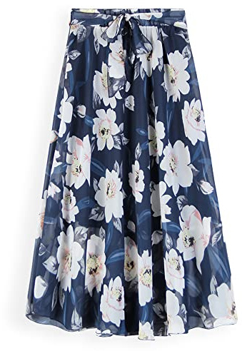GRECERELLE Damer sommarblommor chiffong elegant A-linje midikjol snygg bekväm och mångsidig för fritid och festligheter, blå, M