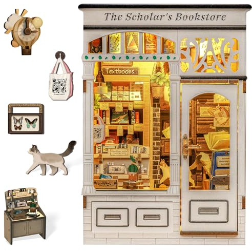 Fsolis Book Nook Kit, Puppenhaus – Bauen Sie EIN kreatives Regal und eine Schreibtischdekoration, für Jugendliche und Erwachsene Handgefertigter Bausatz (The Scholar's Bookstore)