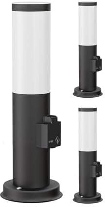 ledscom.de 3x Wegelicht Pollerleuchte Gartenleuchte PORU Sensor außen IP44 38cm schwarz 1xE27 max.15W Steckdose