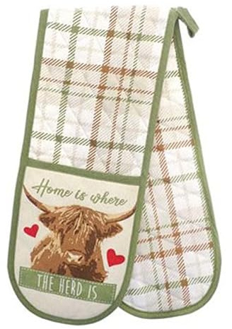 Double Oven Glove – Heat Resistant, Quilted Cotton Mitts – Kitchen Gauntlet for Baking, Cooking & Grilling (HIGHLAND COW)