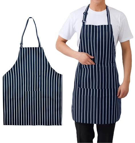 Makoto Nobu Chefs Apron, Whites Blue Stripe Aprons for Men and Women, BBQ & Catering Bibs, Cooking Tabards for Home Kitchen, Restaurants, Bar Staff, Chefs, Waiters