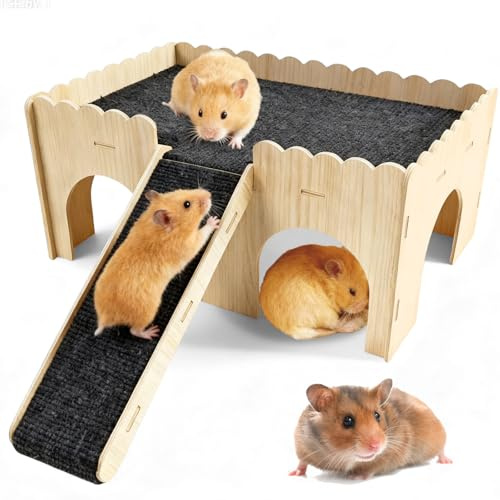 Casa per porcellini d'India a più piani con scale e tappetini – Grande 38 x 25 x 18 cm Nascondiglio in legno, rimovibile – Accessori giocattolo per animali di piccola taglia come cincillà, criceti