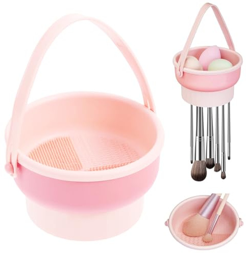 Pinselhalter Make up, Pinselreiniger Multifunktional 3-in-1 | Silikon Pinselreiniger Make up, Makeup Pinsel Reinigungsmatte mit Lanyard zu trocknen Makeup Schwamm Puderquaste Pinsel(Rosa)