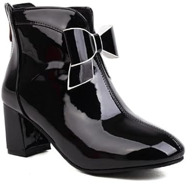 Genérico Botines Mujer De Charol con Lazo Tacón Grueso Cremallera Lateral Cómodos Antideslizantes Resistentes Estilo Dulce para Diario Fiesta Cosplay,Negro,46 EU