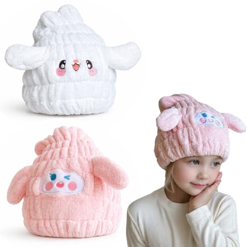 OIXEYA Turbante asciugacapelli, asciugamano capelli turbante, asciugamano microfibra capelli, cuffia capelli ricci notte, 2 Pezzi cuffia doccia bambini, Cane Bianco e Coniglio Rosa, Elastico