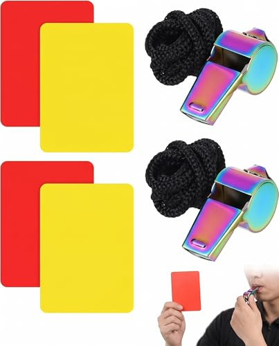 UEAVOID Kit Árbitro Fútbol - Doble Set con Tarjetas Rojas y Amarillas, 2 Silbatos de Acero Inoxidable de Colores con Cordón. Esencial para Partidos y Entrenamiento.