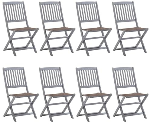 Mhdvray 8er Set Klappbare Gartenstühle aus Massivholz Akazie mit Sitzkissen, Essstühle für Garten Terrasse und Balkon, Holzstühle mit Grauer Lasierung und Bequemen Polstern