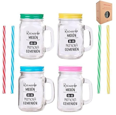 DISOK Lote de 18 Jarra Cristal con Caña Recuerdo Molón Surtido EN Colores - Jarras con Frases, Tazas Originales para Detalles, Recuerdos y Regalos de Comuniones