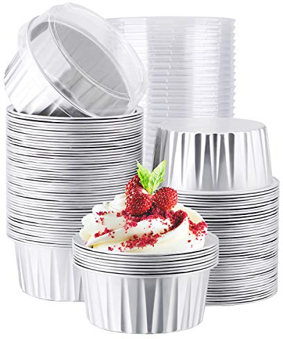 Eusoar Lot de 100 ramequins jetables 125 ml avec couvercles, ramequins à crème brulee, en aluminium pour gâteaux, moules à gâteaux, moules à pâtisserie 125 ml argent.