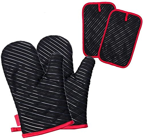 ZZWW Ofenhandschuhe, Topfhandschuhe für Küche, Kochen, Backen, Grillen, Hitzebeständige Handschuhe bis zu 300℃ (4er-Pack), BPA Frei, Schwarz, ‎3 x 16 x 26 cm