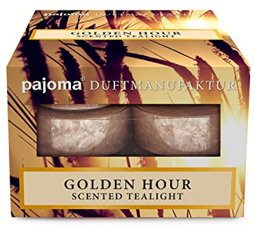 pajoma® Duftteelichte 12 Stück, Golden Hour | mit Stearinsäure-Wachs in Polycarbonathülle | Brenndauer ca. 3 Stunden - Höhe 1,5 cm ø 3,5 cm | Premium Qualität | Deko, Gastronomie, Outdoor
