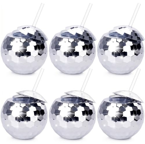 Nicunom 6 Pack Disco Ball Cups with Lids & Straws, 600ml Reusable Silver Disco Ball Tumbler 1970s Disco Flash Ball Cocktail Cup Sparkly Glitter Disco Bar Party Wine Drinking Tea Syrup Bottle