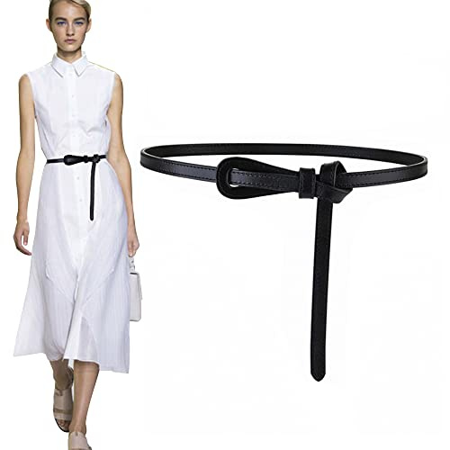 KONFEN Cintura Donna in Pelle, Fusciacca Regolabile, Sottile Cinta Elegante Annodata Casual per Pantaloni, Cuoio Lunga 110cm (Nero)