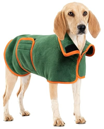 Norhogo Dog Bathrobe Towel Microfibre Towels Super Drying Coat Towel Green Robe Pet Towelling Robe, Adjustable Collar and Waist Dog Drying Coats for Dogs (L(51-60cm))