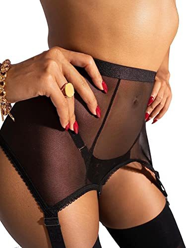 VicSec Women Stretchy High Waisted Garter Belt Black Suspenders with See Through Mesh Garter Plus Size 6 Widened Straps Metal Clip for Thigh High Hold up Stockings (G-String no Include)