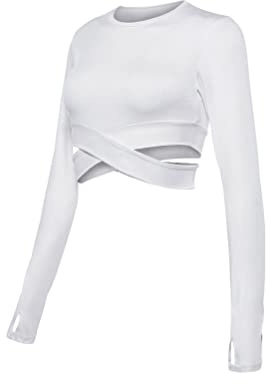 nicticsi Damen Fitness Langarm Crop Tops Training Yoga Fitnessraum Laufend Daumenloch Hemden Rundhals Cross Wrap Sexy Top Athletic Tee Gym Yoga Sport Shirt Mit Eingebautem BH A Weiß S