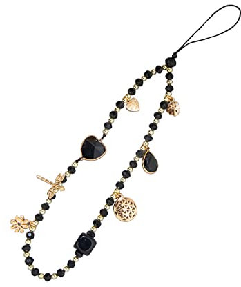 LENTQIUTT 1 Stück Telefon-Lanyard, schwarzer Kristall, Anti-Lost-Telefonhülle, Anhänger, Telefon-Lanyard-Kette, Telefondekoration, Zubehör, Lanyard Schlüsselanhänger