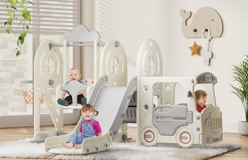 BIERUM 5 in 1 Toddler Slide and Swing Set, Baby Slide for Toddlers Age 1-3, Bus Themed Toddler Playset with Basketball Hoop, Indoor Outdoor Playground Beige Gray