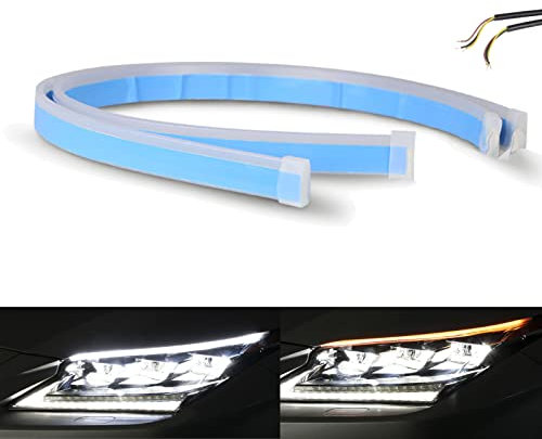 AUTOXBERT Car LED Daytime Running Lights Strip, 2-Pack 24 Inch DRL Waterproof Dynamic Sequential Switchback Turn Signal Lights Strip for Car Headlight (White&Yellow)