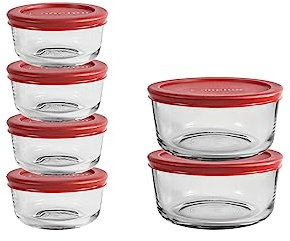 Anchor Hocking 12 Piece Glass Storage Containers with Lids (6 Glass Food Storage Containers & 6 Red SnugFit Lids)