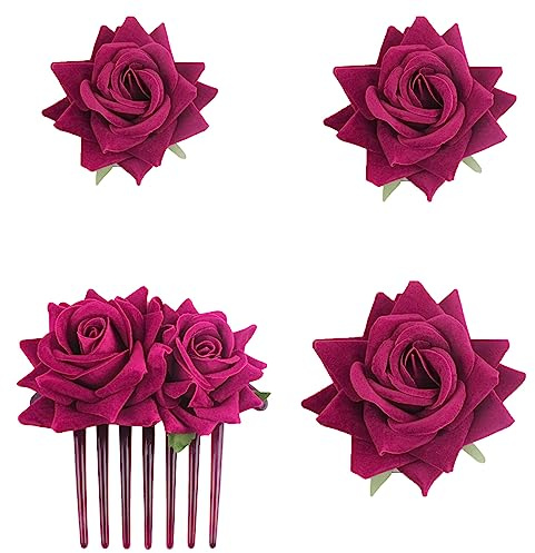 SUNTRADE 4 Stück Frauen Rose Haarnadel, Braut Rose Brosche Haarspange Hochzeit Floral Clips für Frauen Mädchen Party Hochzeit (Rosenrot)