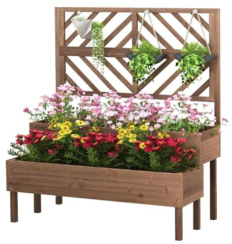 RELAX4LIFE Fioriera in Legno a 2 Livelli con Foro di Drenaggio, Fioriera Rialzata per Piante Rampicanti, Fioriera per Balcone e Terrazza 109 X 62 X 135 CM (Marrone) (Marrone)