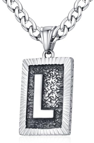 XIRUVE Herren Damen Edelstahl Buchstabe A bis Z Viereck Retro Stil Anhänger Initiale Halskette mit 6mm breite Panzerkette Länge Verstellbar L