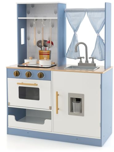 COSTWAY Cuisine Enfants Bleu avec Lumière & Effet Sonore & Rideaux, Jeu de Cuisine en Bois avec 6 Accessoires & Distributeur d'eau, Espace de Stockage, Jouet d’Imitation pour 3 Ans+