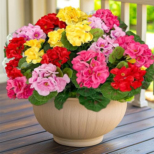 TURNMEON Artificial Geraniums Flowers for Outdoors Spring Decoration, 4 Bundles Fake Flowers Silk Color Flowers UV Resistant No Fade Faux Plants for Planter Gardens Table Porch Indoor Cemetery Decor
