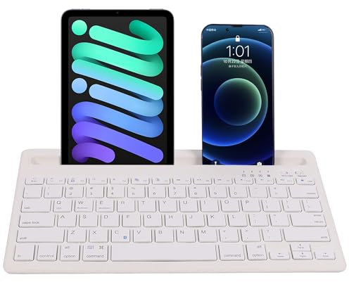 Wireless Bluetooth Keyboard with Tablet/Phone Holder, Ultra-Slim Portable Rechargeable Silent QWERTY Keyboard, 78 Keys, Support Switching Between 2 Devices for Laptop Tablets Smartphones (White)