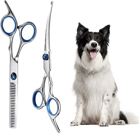 JRYGAC 2 Piezas Tijeras para Perros Profesional, Tijeras Peluqueria Canina, Tijeras Curvas para Perros de Acero Inoxidable con Punta Redonda de Seguridad, para Cortar EI Pelo para Perros y Gatos