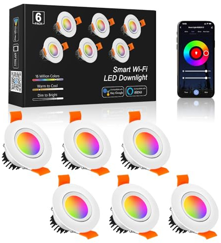 2 Inch Smart LED Recessed Lighting, 5W WiFi RGB Downlight, CCT 2700-6500K Dimmable Color Changing Recessed Ceiling Light, 110V Recessed Light Compatible with Alexa & Google Home with LED Driver 6 Pack