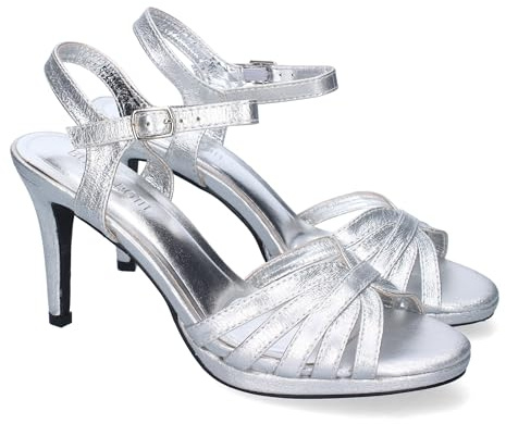 shoes&blues.es 88488 Sandalias de Tacon de Fiesta para Mujer, Adornos Cruzados en la Pala y Correa Ajustable de Hebilla. Plata Talla 40
