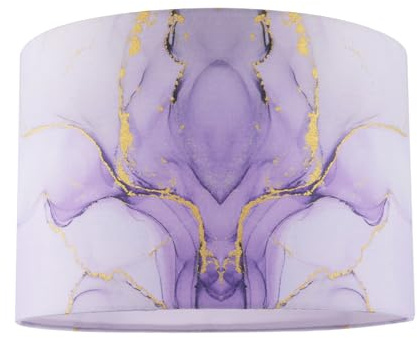 Contemporary Drum Lamp Shade in Marble Effect Cotton Fabric in Soft Lilac and Purple with Shiny Gold Foil | 20cm x 30cm by Happy Homewares