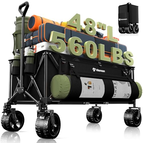 Hikemoon 300L Extra Large Wagons Carts Foldable, 560LBS Heavy Duty Collapsible Beach Wagon 48 Long with Big All-Terrain Wheels, Utility Folding Cart for Camping, Grocery, Sports, Garden, Black