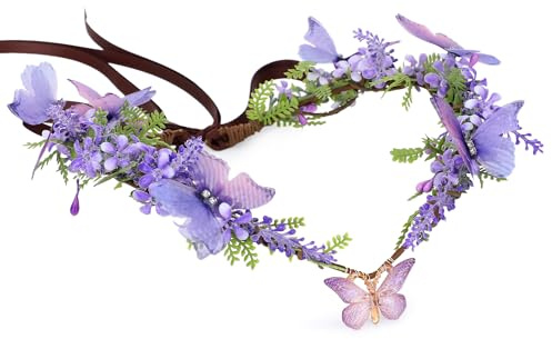 MOSTORY Lila Schmetterling Fee Blumenkrone für Frauen Waldelfe Floral Kopfschmuck für Renaissance Fotoshooting