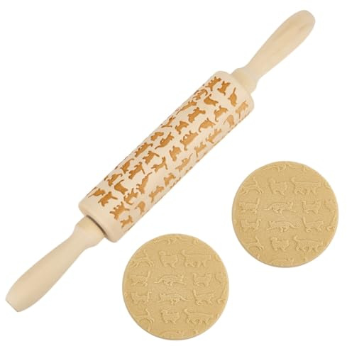 DELORIGIN Cat Embossed Wooden Rolling Pin 34cm Long Rolling Pin for Baking Biscuits 3D Pattern DIY Kitchen Tool Baking Accessories Homemade Bakery Pastry Cookie Fondant Dough Pizza
