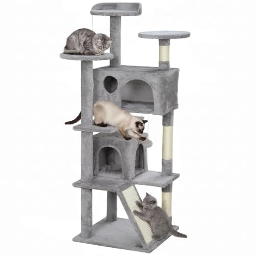 PawHut Arbre à Chat Hauteur 138 cm, Tour de Jeux pour Chats avec griffoir, Plate-Formes, 2 niches, Pompons, Tissu Peluche, Multi-Niveaux idéal pour 1-3 Chats Gris Clair