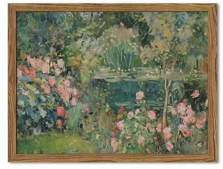 Framed Vintage Floral Landscape Canvas Wall Art, Rose Garden Pond Wall Decor Paintings, Rustic Cottagecore Nature Plant Pictures Prints Aesthetic Home Decor for Living Room Bedroom Bathroom 12x16 inch