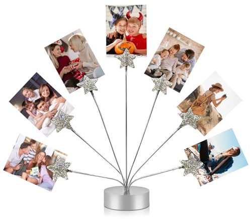 FaitAtten 7-Branch Family Desktop Photo Tree Holder Clip Round Base, Card Picture and Memo Desk Frame Display Stand for Wedding Party Christmas Photo Clip Holder Table Numbers (Stars)