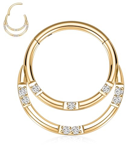 hengkaixuan 16G Doppelschichtiger Septumschmuck Nasenring 8 mm Tragus Rook Daith Ohrring Chirurgischer Stahl Nahtloser Klickring Gold Helix Knorpel Creolen Conch Piercing