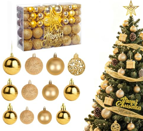 VITEVER Weihnachtskugeln 102-teiliges Set,Weihnachtsbaum Deko & Christbaumschmuckl,mit Verpackung – Weihnachtsschmuck Deko für Drinnen & Draußen aus Kunststoff (Gold)