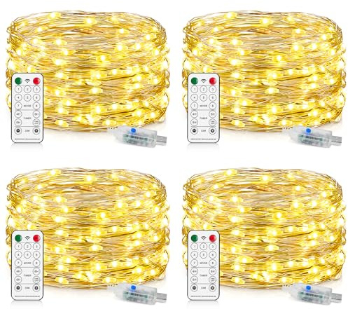 LED Lichterkette mit 100 LEDs, 10M USB Lichterkette Wasserdicht Draht Lichterketten mit Fernbedienung Timer 8 Programm Kupferdraht Lichterketten für Schlafzimmer Party Hochzeit, 4 Stück
