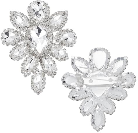 FINGERINSPIRE 2 stycken glas strass brosch 45 x 57 mm silverlegering blomform kristall nål med strass elegant bling brosch för damjackor halsdukar och hattar, Legerat stål