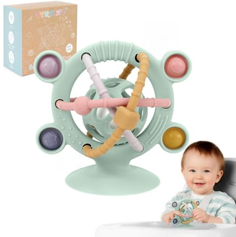 TYRY.HU Anneau de Dentition avec Hochet,Succion Ventouse et Silicone Alimentaire,Jouet d'Éveil pour Chaise Haute,Idée Cadeau pour Bébé 0-12 Mois, Jouet Sensoriel Nouveau-Né