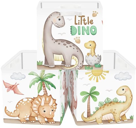 Clastyle Set di 3 Cubi Portaoggetti Ripiegabili Dinosauro Kallax Contenitori Vulcano per Scaffale Scatole Portaoggetti Genitore per Libro Giochi, Marrone, 30x30x30 cm